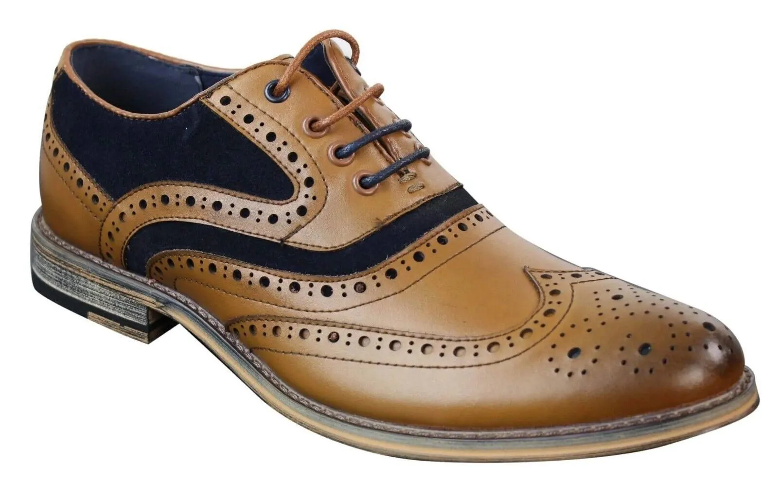 Weekly Commute Comfort Motion Mens Classic Navy Suede Oxford Brogue Shoes in Tan Leather