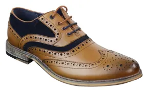 Weekly Commute Comfort Motion Mens Classic Navy Suede Oxford Brogue Shoes in Tan Leather