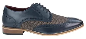 Mens Classic Oxford Navy Brogue Derby Shoes in Tan Leather Staff Style