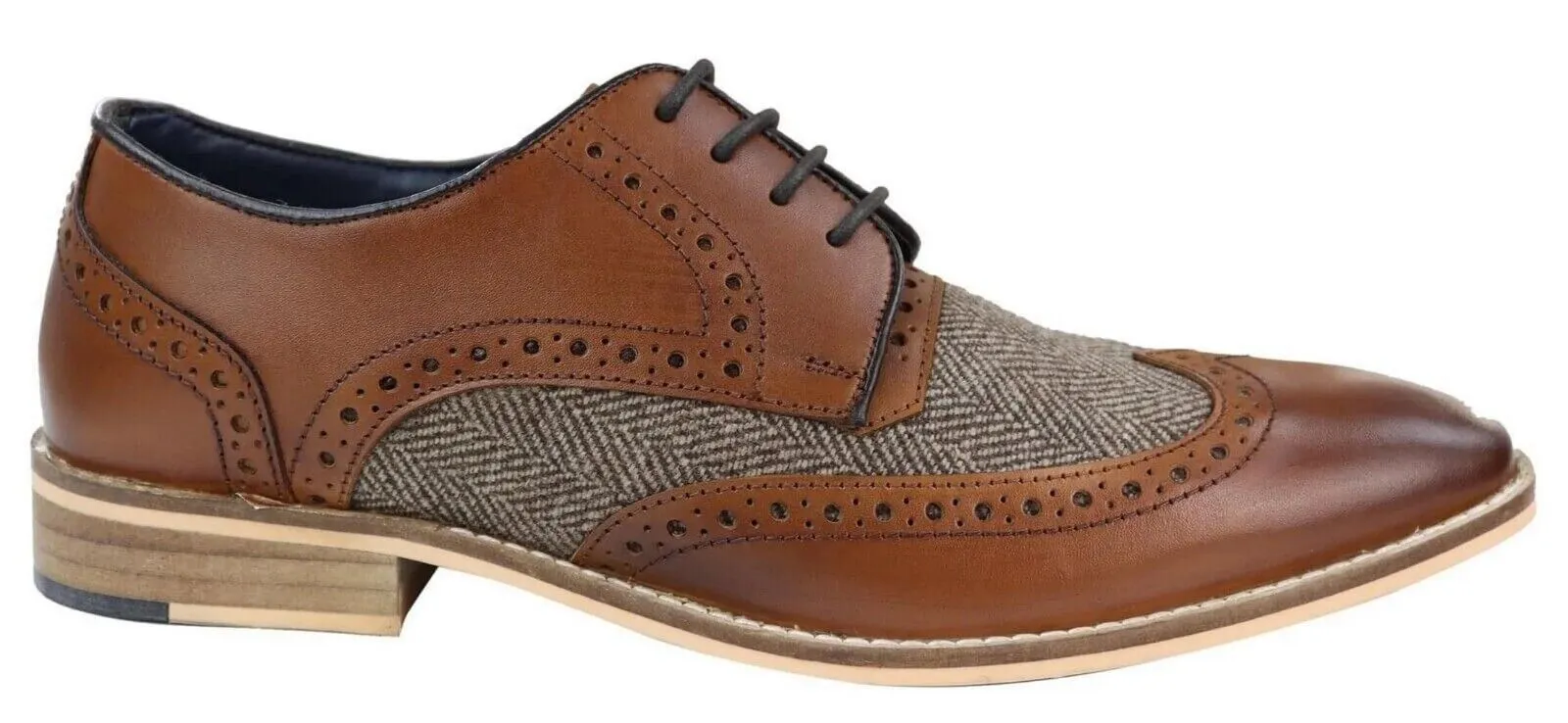 Groom Match Mens Classic Oxford Tweed Brogue Derby Shoes in Tan Leather
