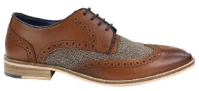Cushioned heel Edge Core Mens Classic Oxford Tweed Brogue Derby Shoes in Tan Leather