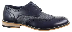 Fast Movement Mens Classic Oxford Tweed Brogue Shoes in Navy Leather