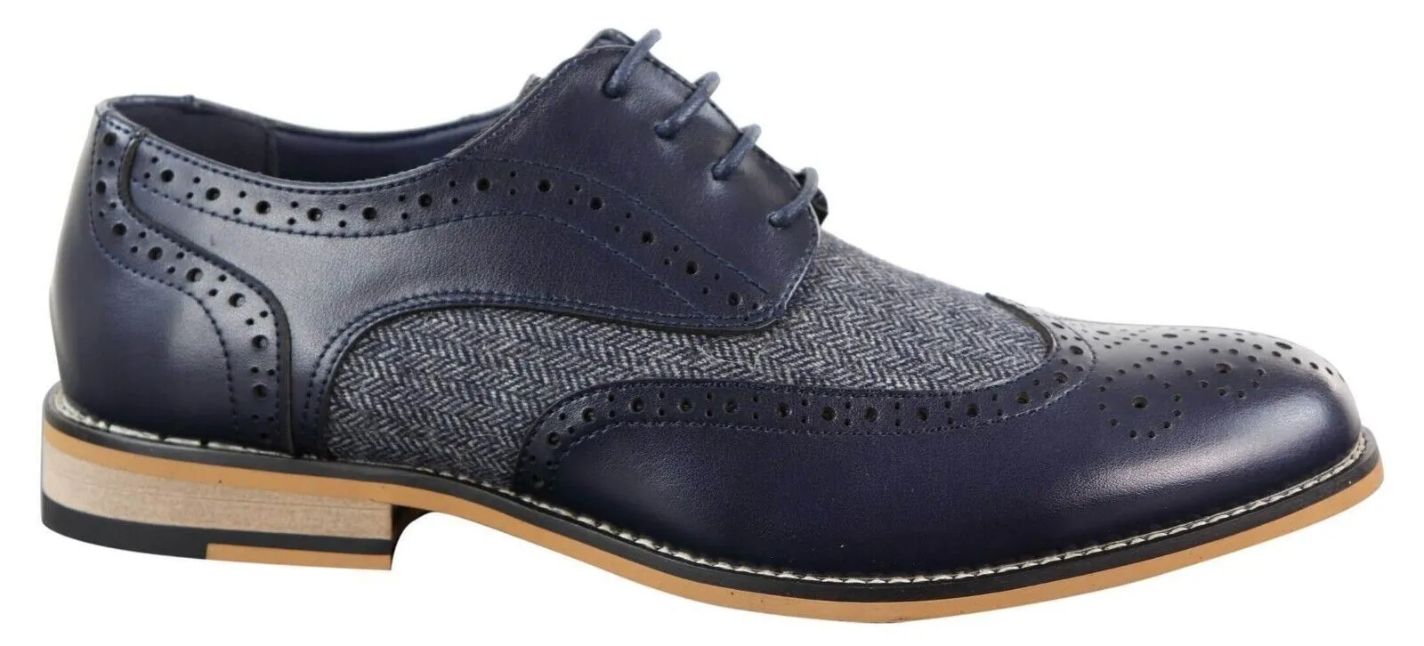 Fast Movement Mens Classic Oxford Tweed Brogue Shoes in Navy Leather