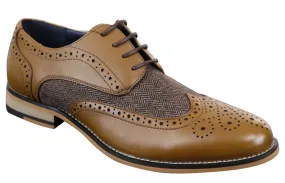 Mens Classic Oxford Tweed Brogue Shoes in Tan Leather Reinforced Seams