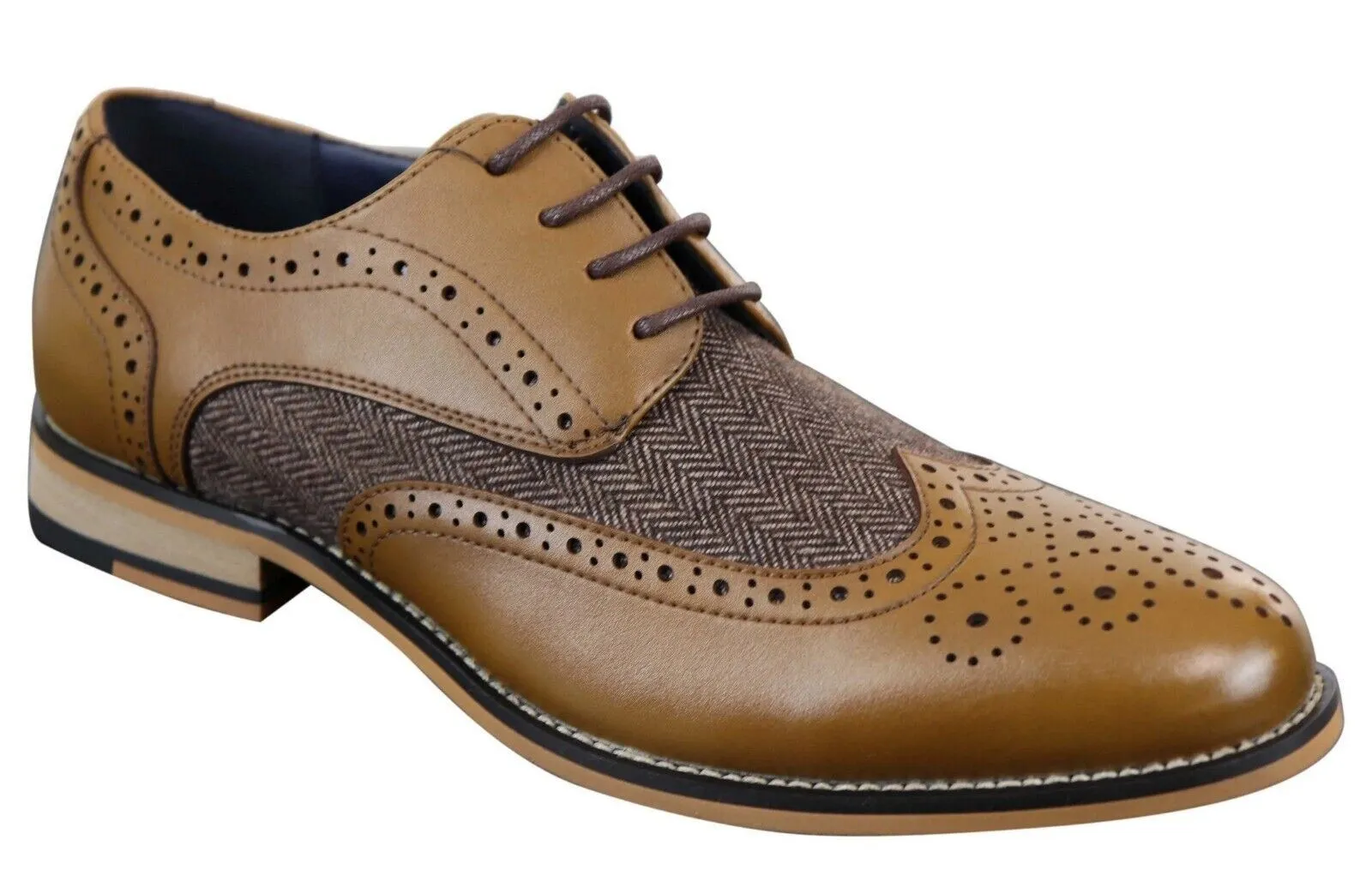 Textured Tread Pattern Mens Classic Oxford Tweed Brogue Shoes in Tan Leather