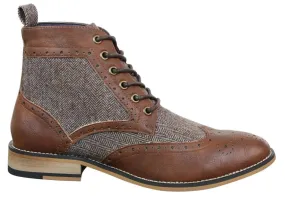 Four Season Mens Classic Tweed Oxford Ankle Boots in Brown Leather