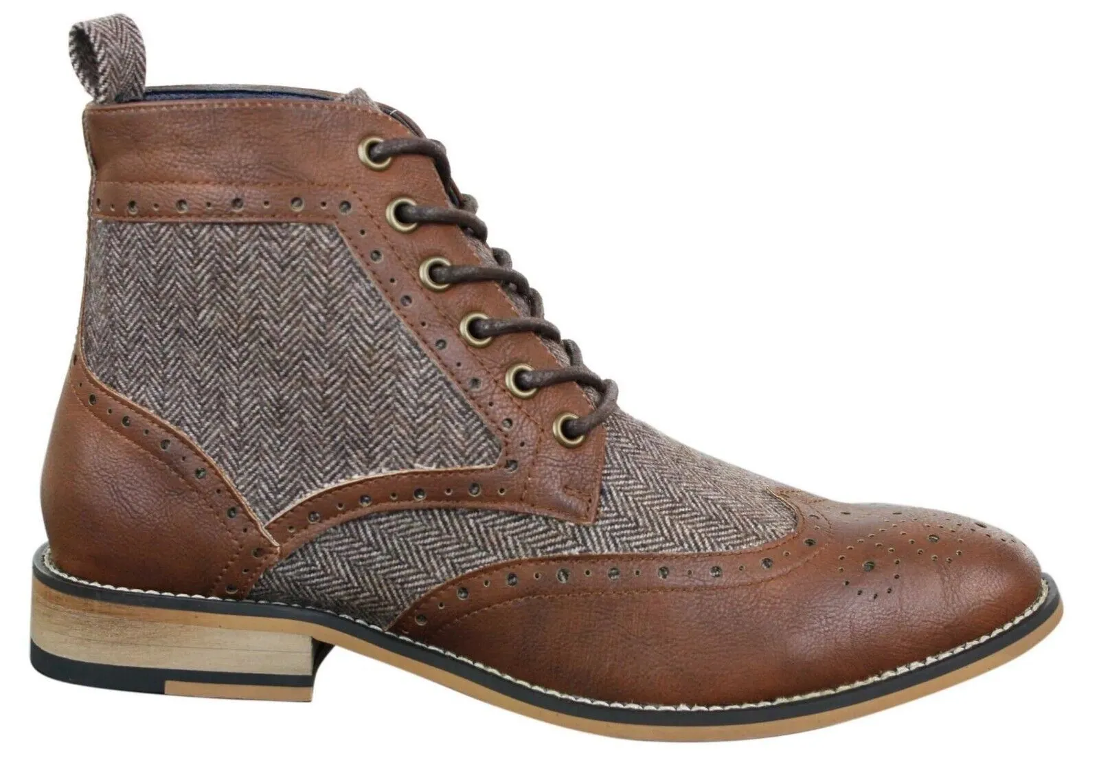 Mens Classic Tweed Oxford Ankle Boots in Brown Leather Simple Statement Breathable Lining System