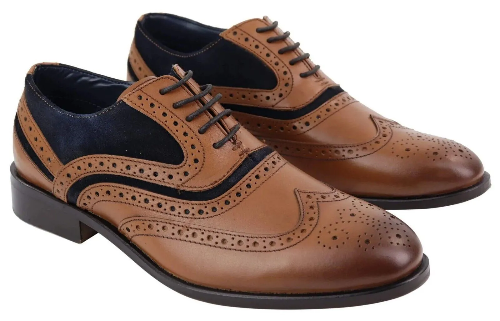 Strong Shade Mens Retro Oxford Navy Suede Brogue Shoes in Tan Leather