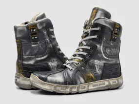 Men's Tall Comfort Thick Wool Lined Zip-Up Leather Boots In Grey/yellow Seamless Comfort Rough Trail Hiker