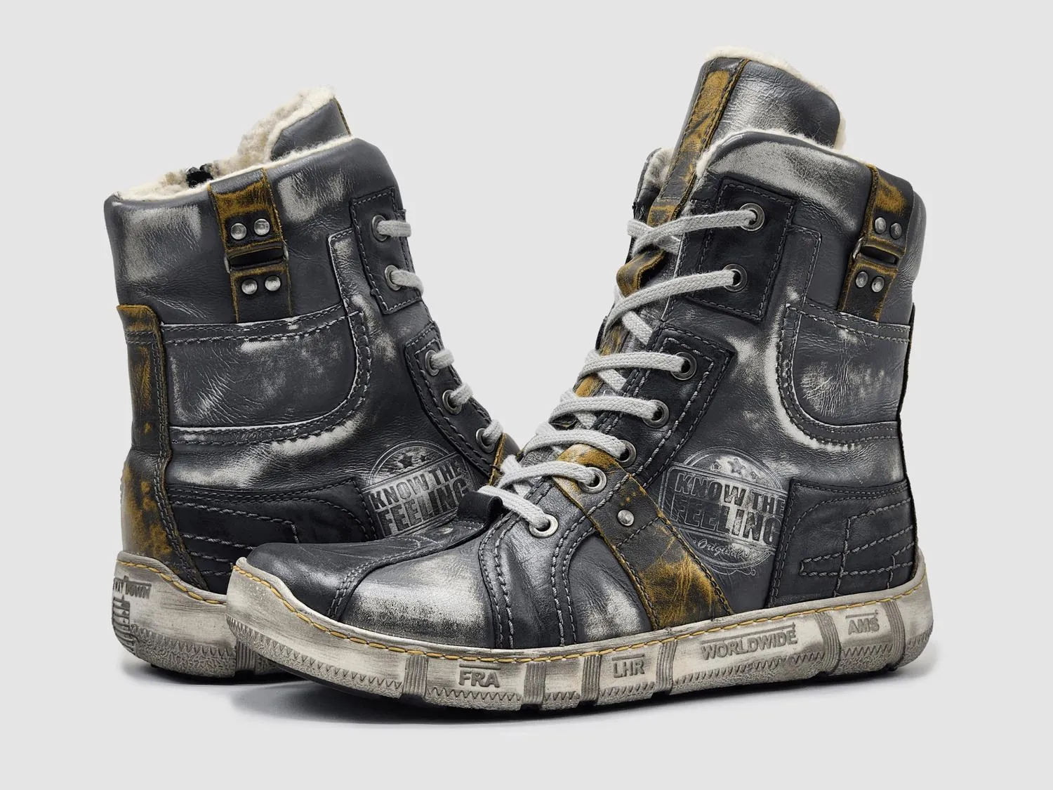 Men's Tall Comfort Thick Wool Lined Zip-Up Leather Boots In Grey/yellow Seamless Comfort Rough Trail Hiker