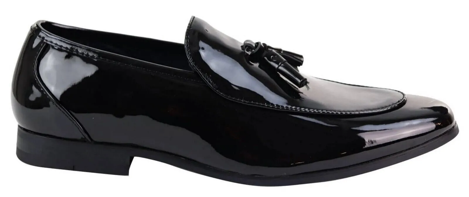 All Step Mens Tasselled Black Patent Leather Slip on Loafers