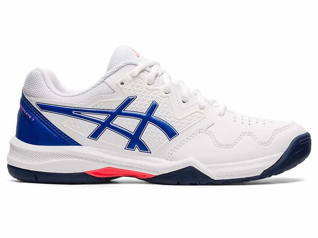 running in professional tracks shoes Ergonomic Toe Box Asics Gel-Dedicate 7 1042A167.101 Sneaker Women White Blue Tennis Shoes EEE2895 (White,5.5)