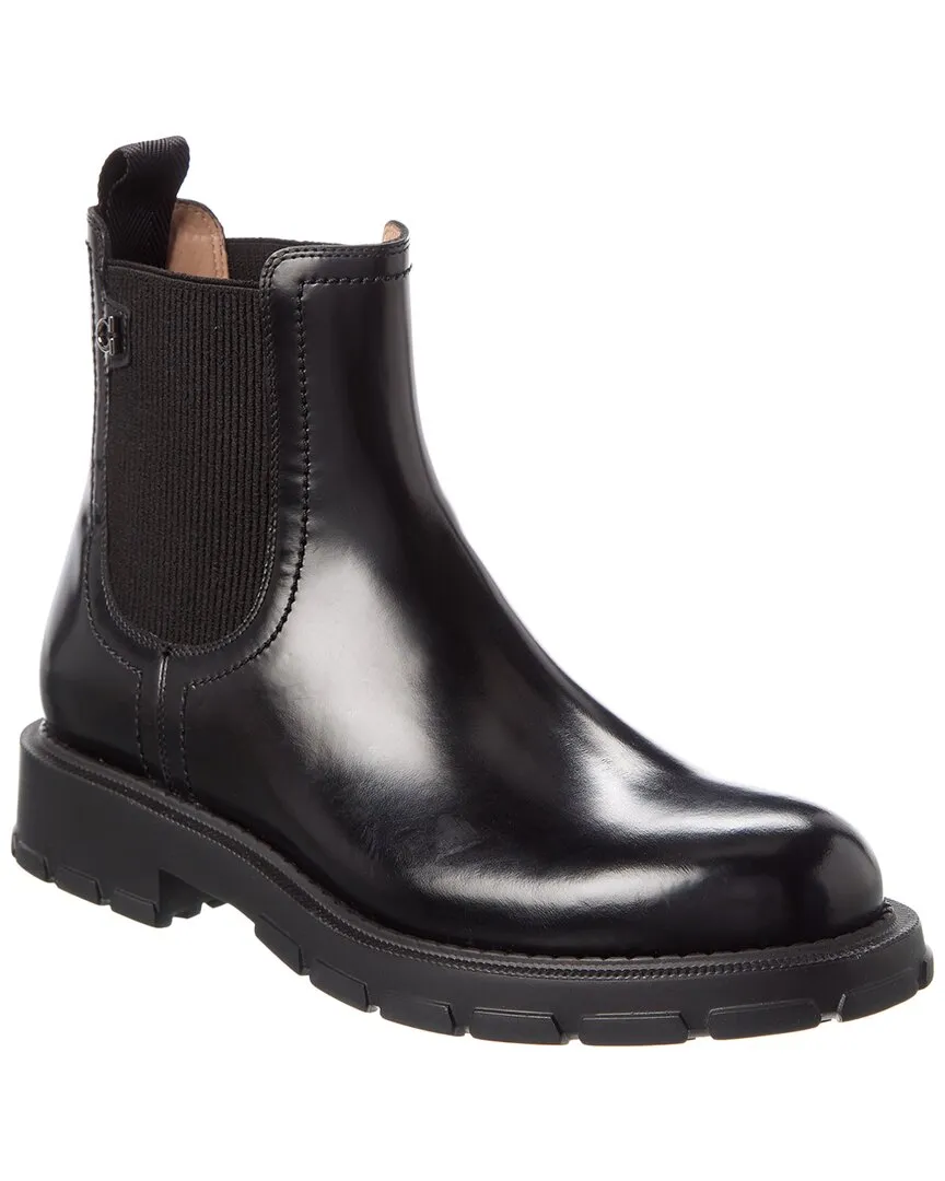 Ferragamo Iago Leather Boot Crisp Look Rubberized Tread