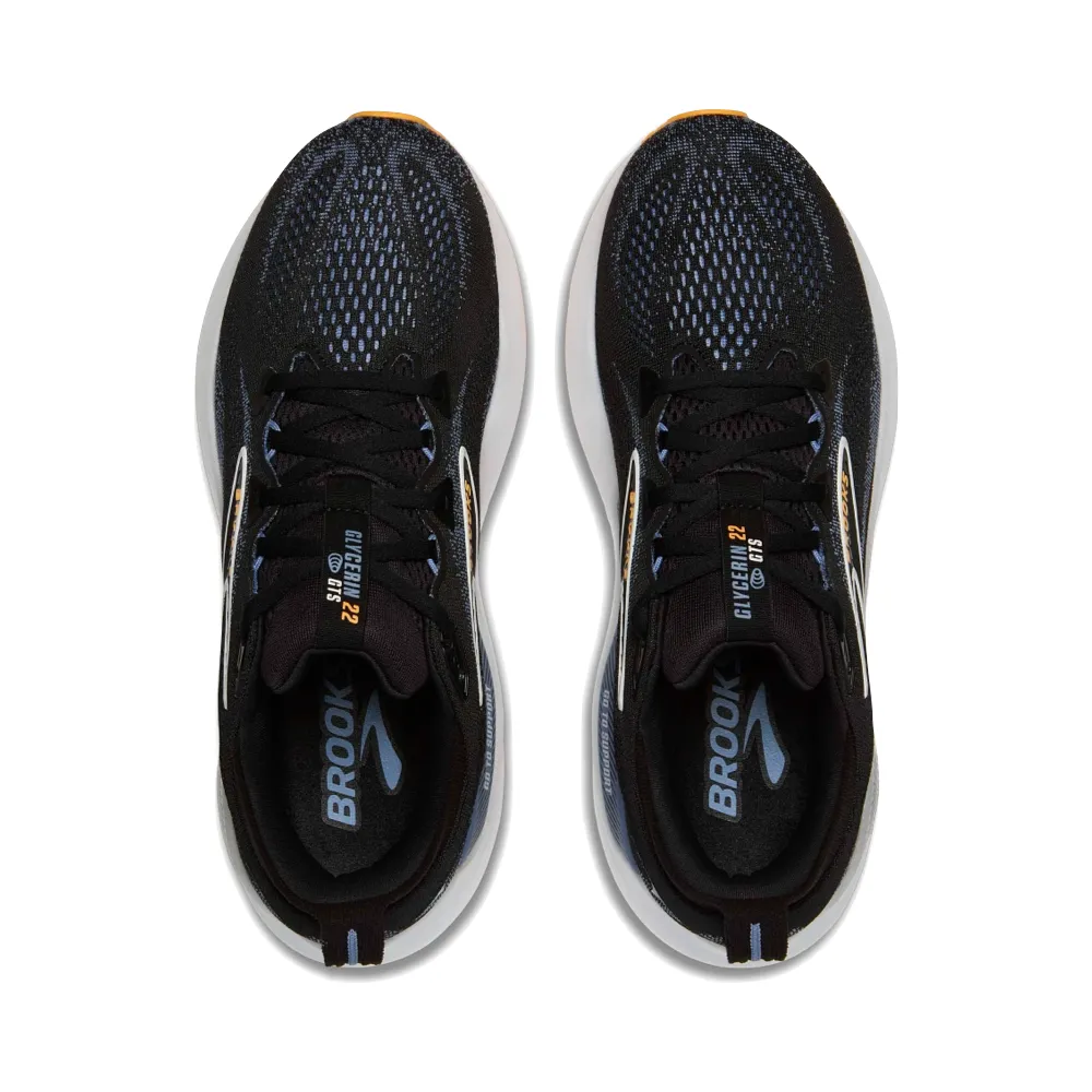 Brooks Men's Glycerin GTS 22 Sneaker in Black/Country Blue/Orange Pop Padded Feel Fashion-Forward