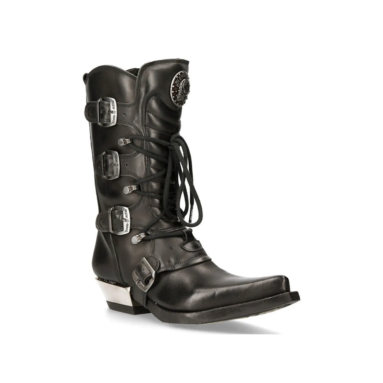 New Rock Black Leather Cowboy Buckle Boots- M-7993-S1 Camping Trip