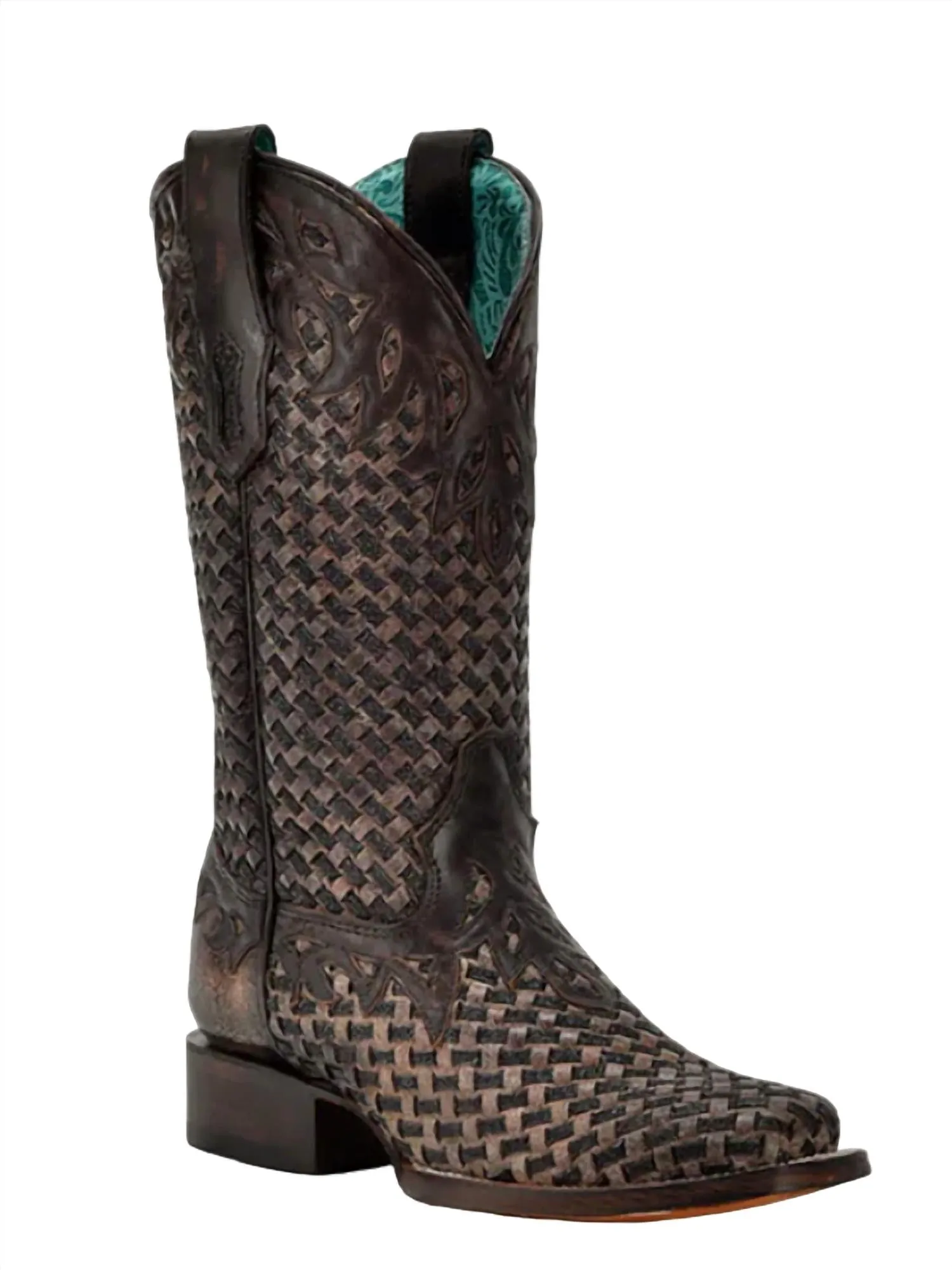 Women's Glitter Woven Overlay Square Toe Cowboy Boot In Chocolate mom style