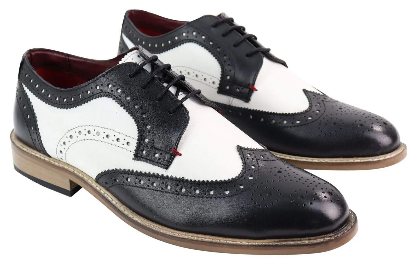 On The Go Mens Classic Oxford Brogue Gatsby Shoes in Black/White Leather