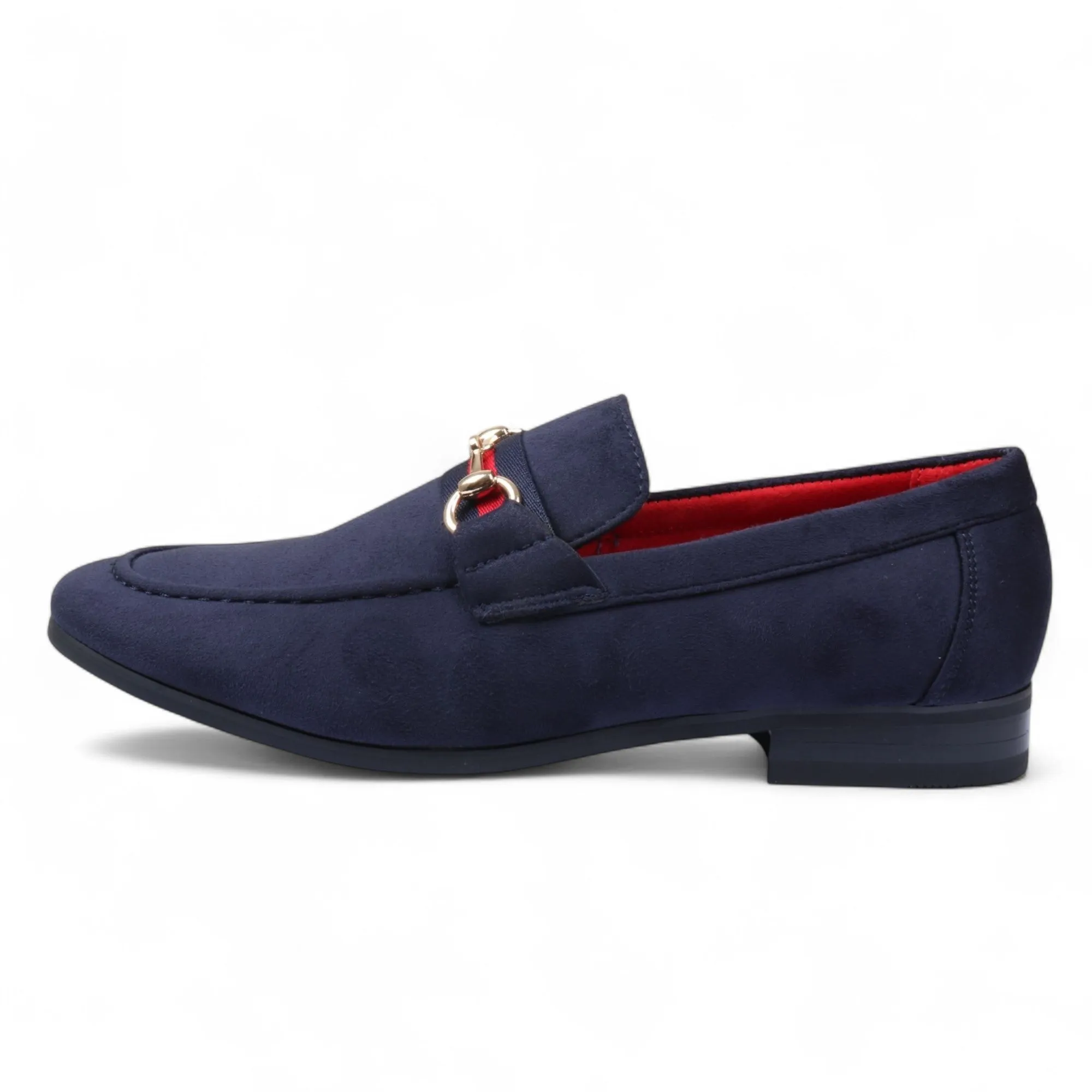 Men's Navy Suede Loafers with Gold Buckle Slip-On Dress Shoes Effortless Motion Easy Glide