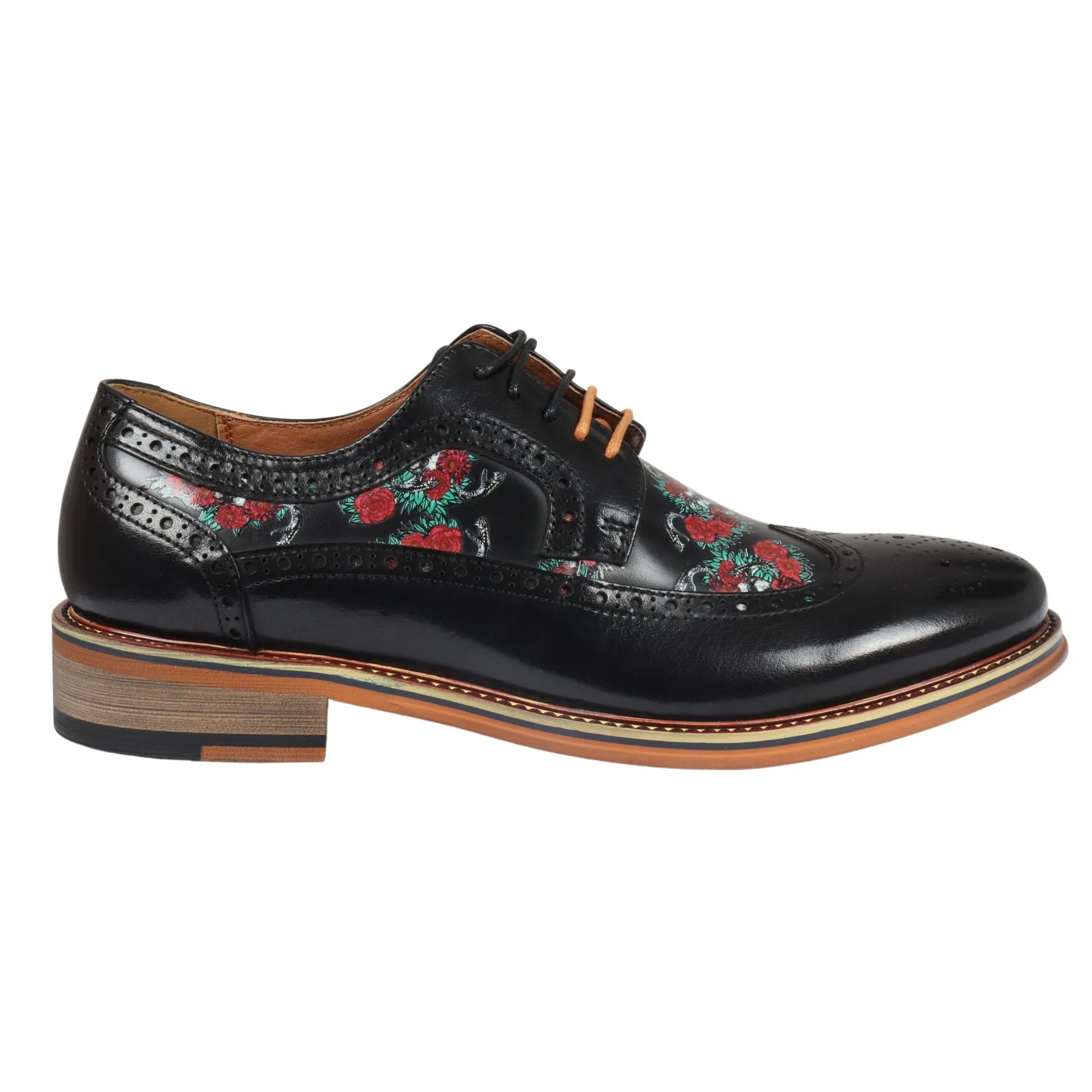 Cross Building Ross Floral Skull Print Leather Oxford Brogue Lace Up Formal Dress Shoe