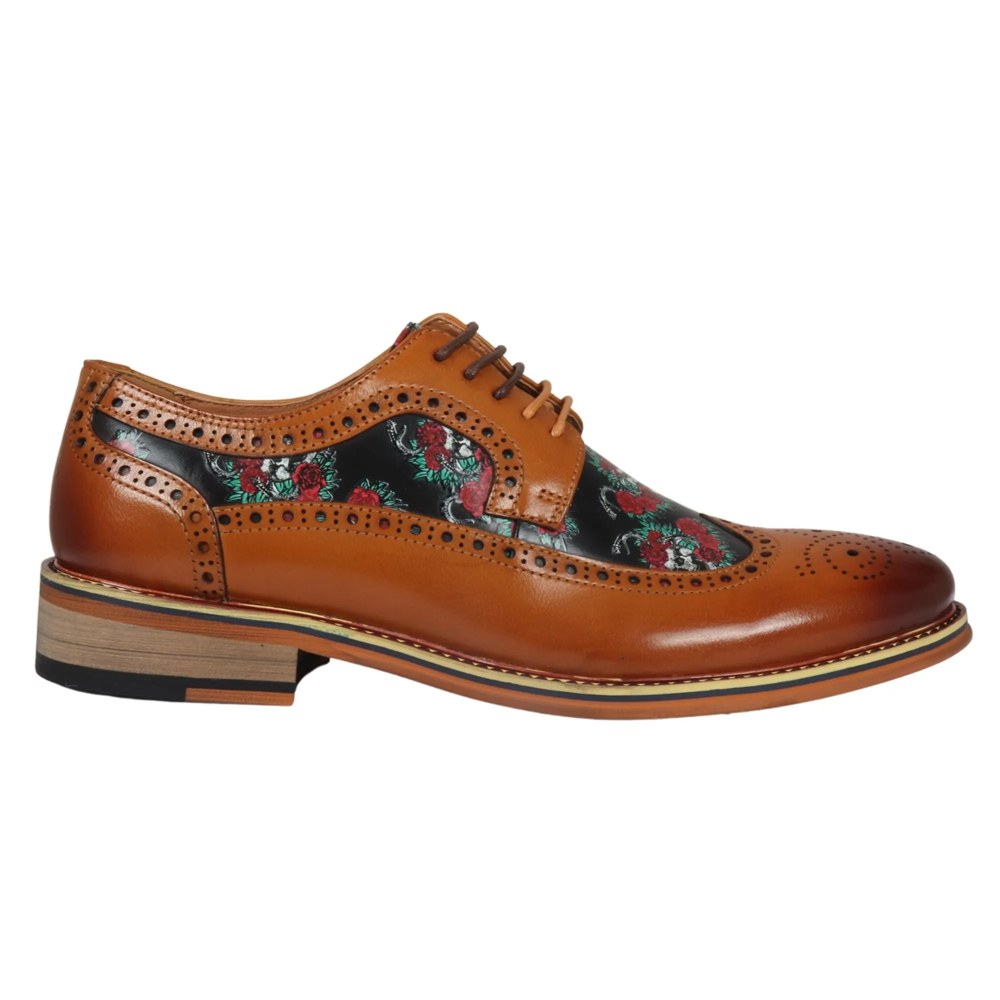 Ross Floral Skull Print Leather Oxford Brogue Lace Up Formal Dress Shoe Flexible Shank Design