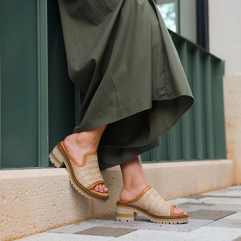 Outdoor Event Low Profile Salvia Women's Harper X Heeled Slide Sandal in Raffia/Nutmeg