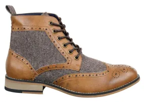 Mens Classic Tweed Oxford Ankle Boots in Tan Leather Stand Shade