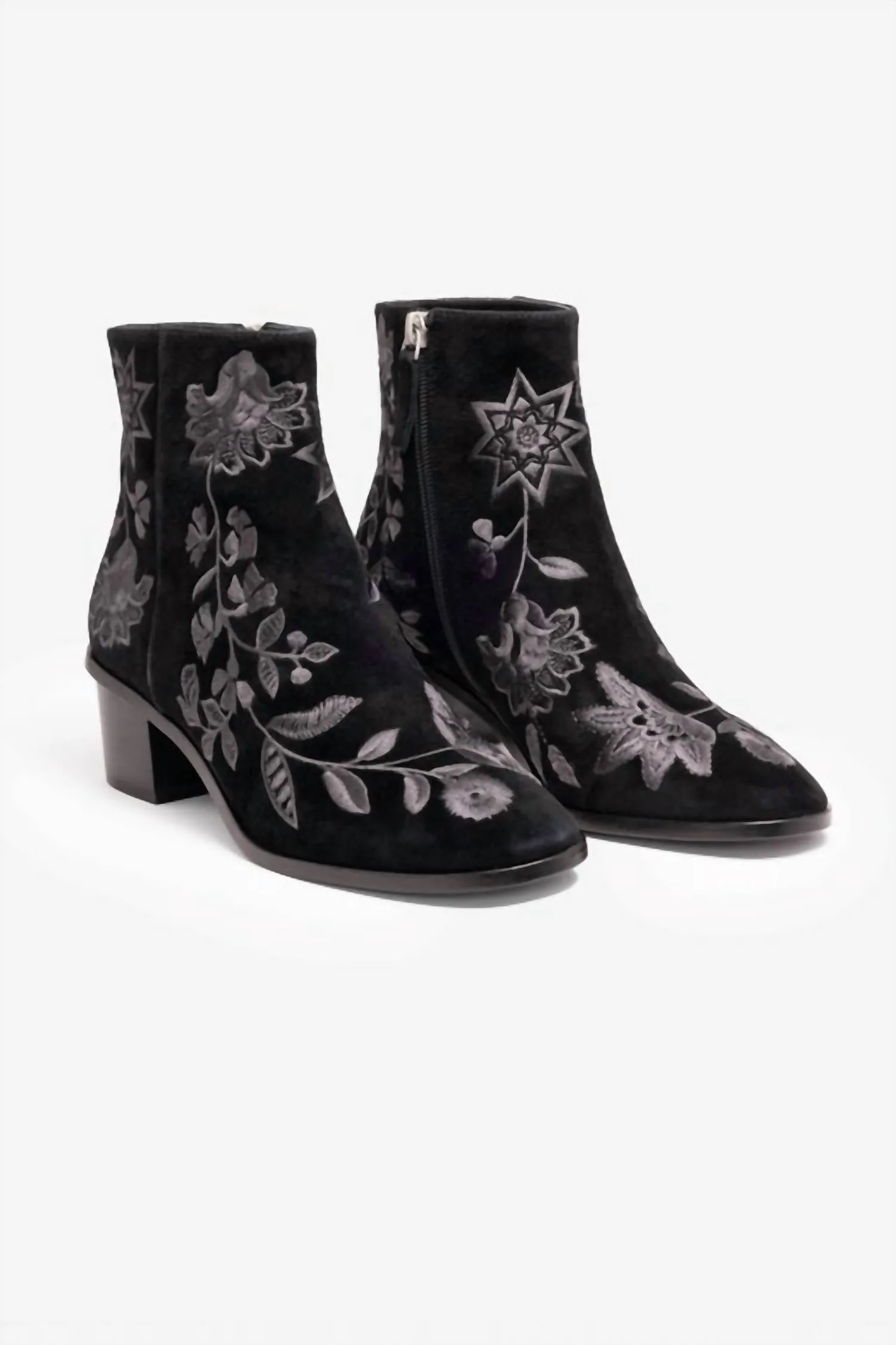 Chiara Embroidered Suede Bootie In Black Breathable mesh panel