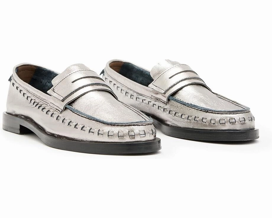 AllSaints Sofie WF646Y Loafers Women's US 6 Silver Leather Slip On Shoes ZPO1086 clearance shoes amateur design