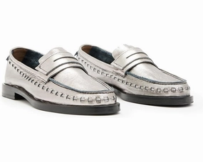 AllSaints Sofie WF646Y Loafers Women's US 6 Silver Leather Slip On Shoes ZPO1086 clearance shoes amateur design
