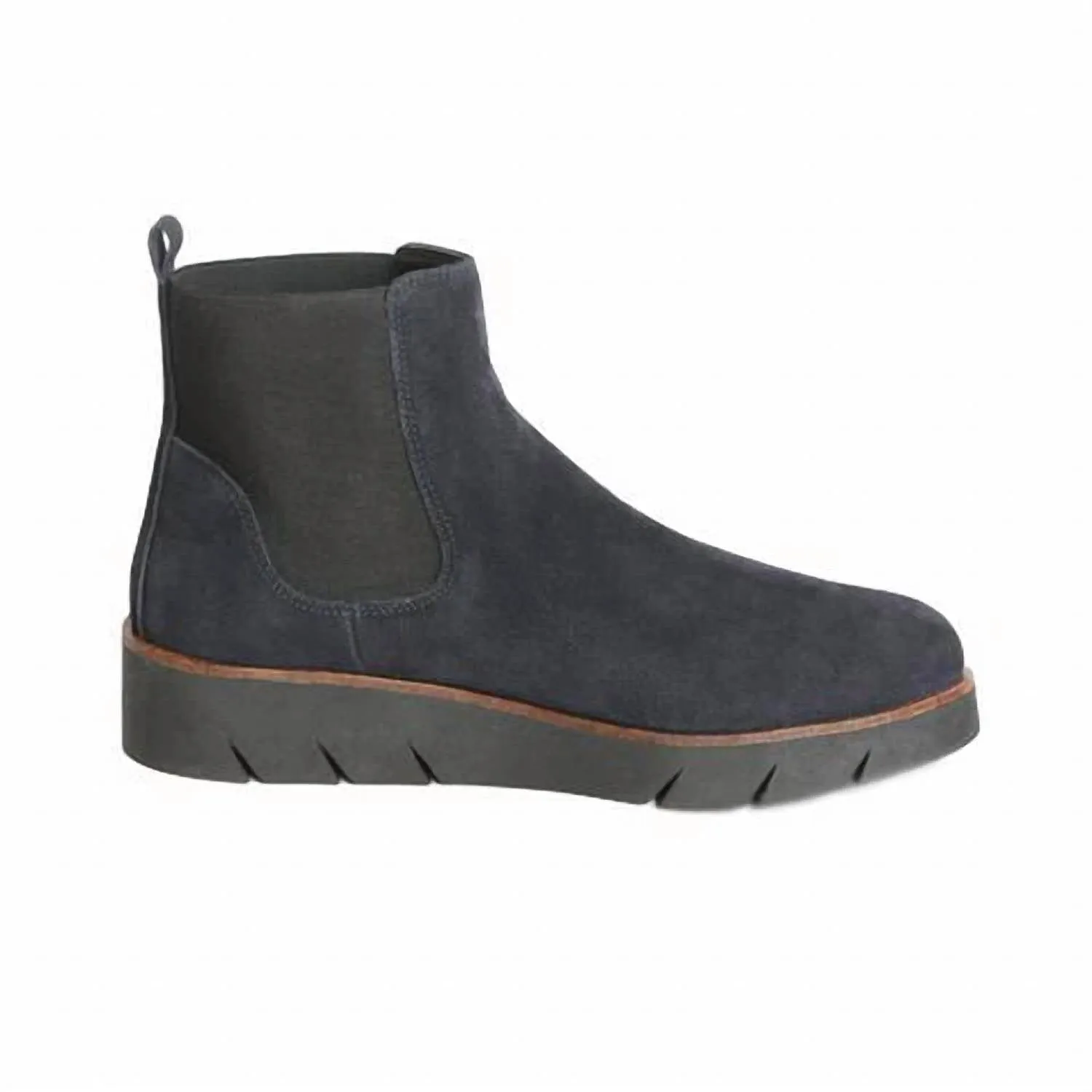 Comfort Lining Stylish Explorer All Weather Functional Minimalist Coral Suede Wedge Booties In Dark Blue