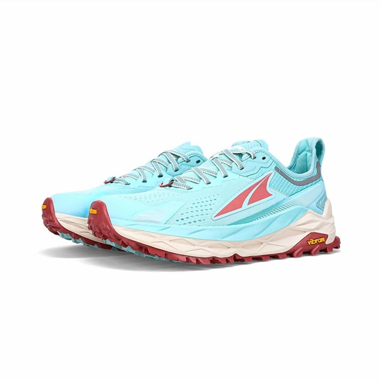 Women Olympus 5 Trail Shoes In Light Blue running on a wooden track shoes mesh running option