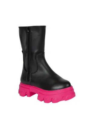 Men's Double Zipper Back Street Boys Leather Boots In Black removable insoles Chunky Sole