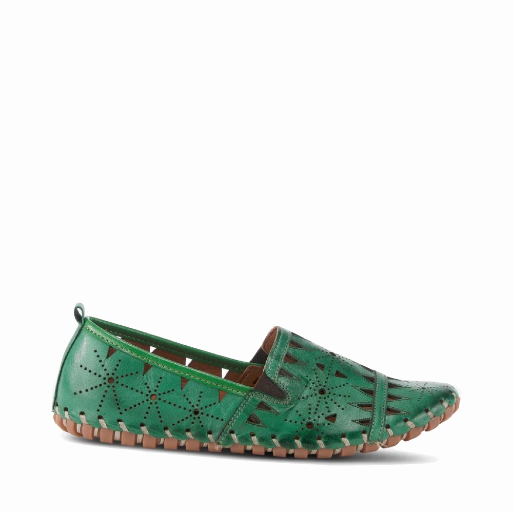 Spring Step Women's Fusaro Slip On Flat in Green Weekend Events Fine Work