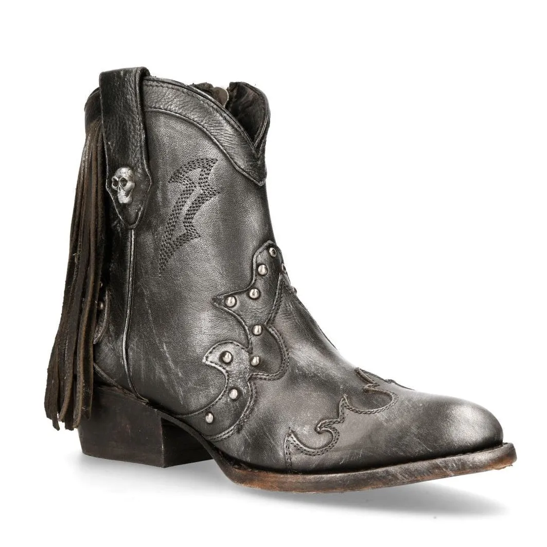 Lace-up New Rock Grey Leather Fringed Pointed Cowboy Boots- WSTM003-S1