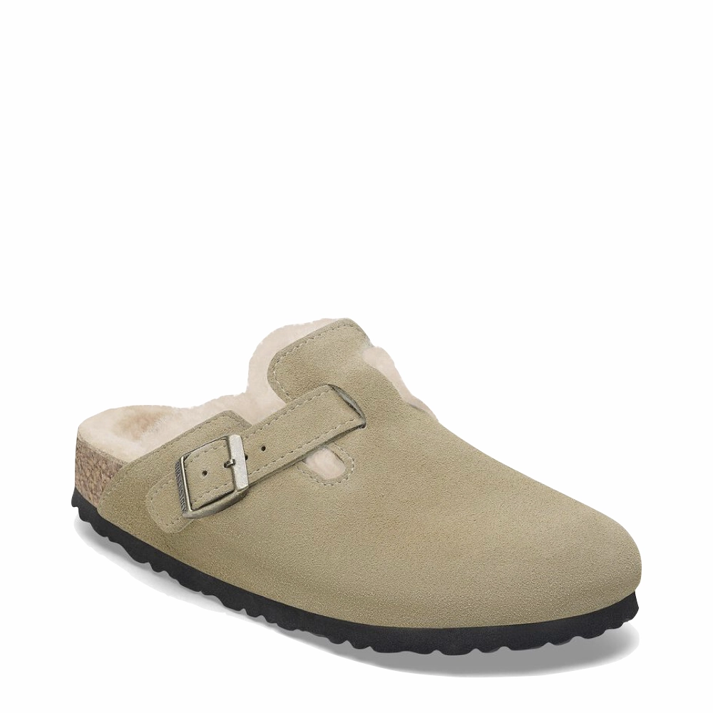 EnhancedGrip Sweat Proof Birkenstock Women's Boston Shearling Suede Leather Clog in Taupe