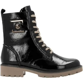 Women's Crashlack Patent Leather Lace Up Boots In Black Textured Grip Pattern