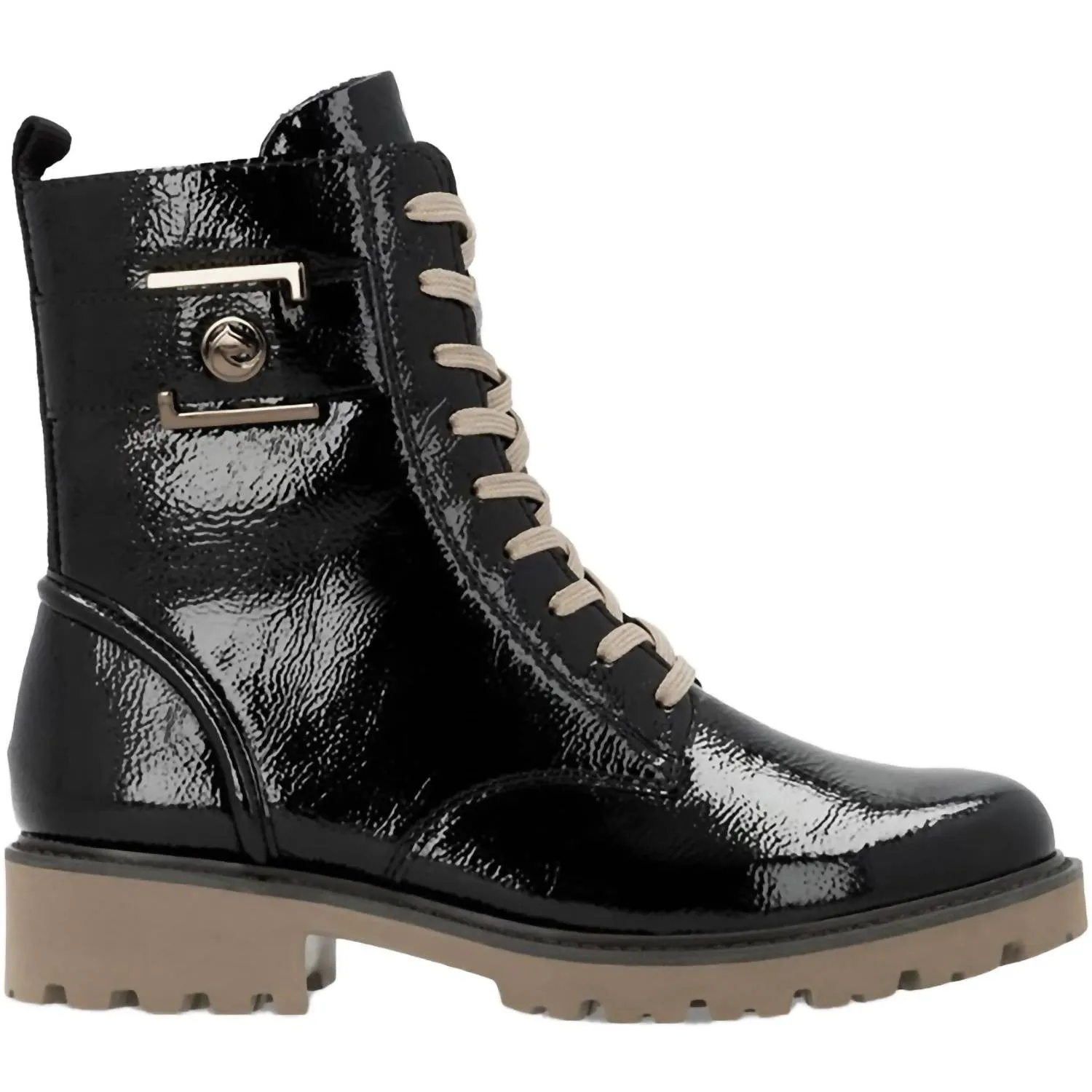 Women's Crashlack Patent Leather Lace Up Boots In Black Textured Grip Pattern