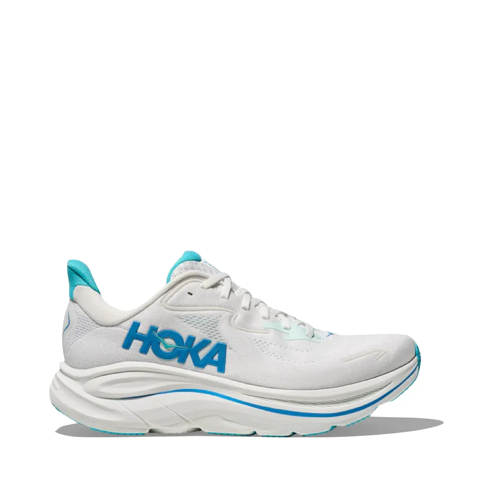 Hoka Men's Clifton 10 Sneaker in White/Skyward Blue Supportive Wear Stretch Loops