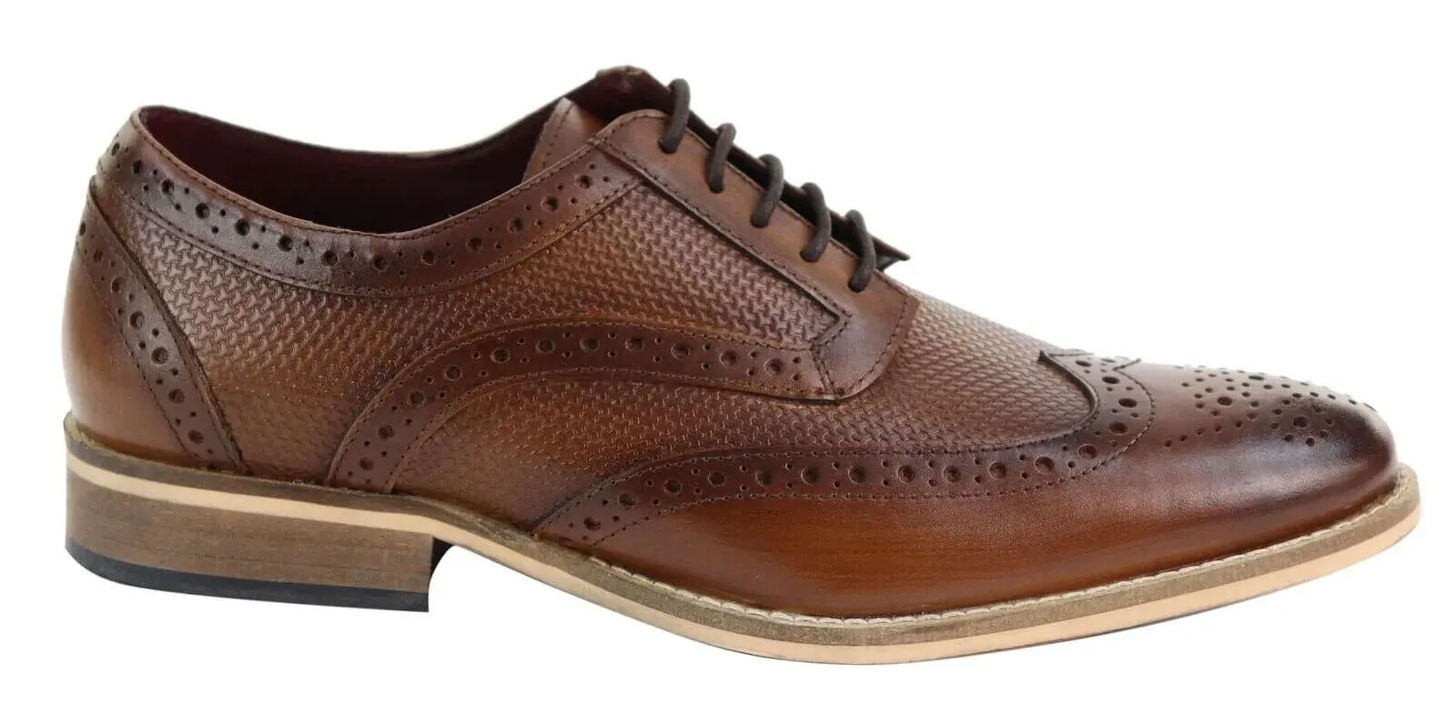 Mens Classic Oxford Brogue Shoes in Patterned Tan Leather Luxury Brand All Day