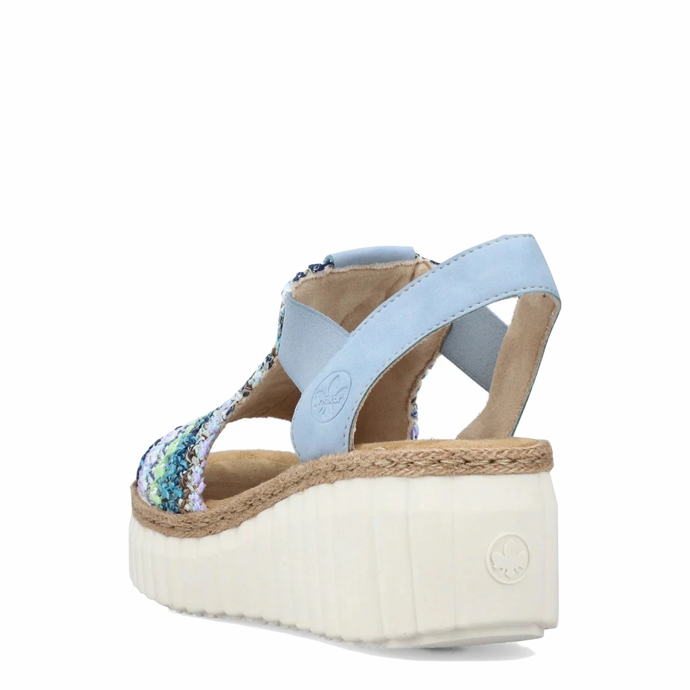 Rieker Women's Rose 72 Wedge Sandal in Blue Multi/Aqua Travel Fit Professional Appearance