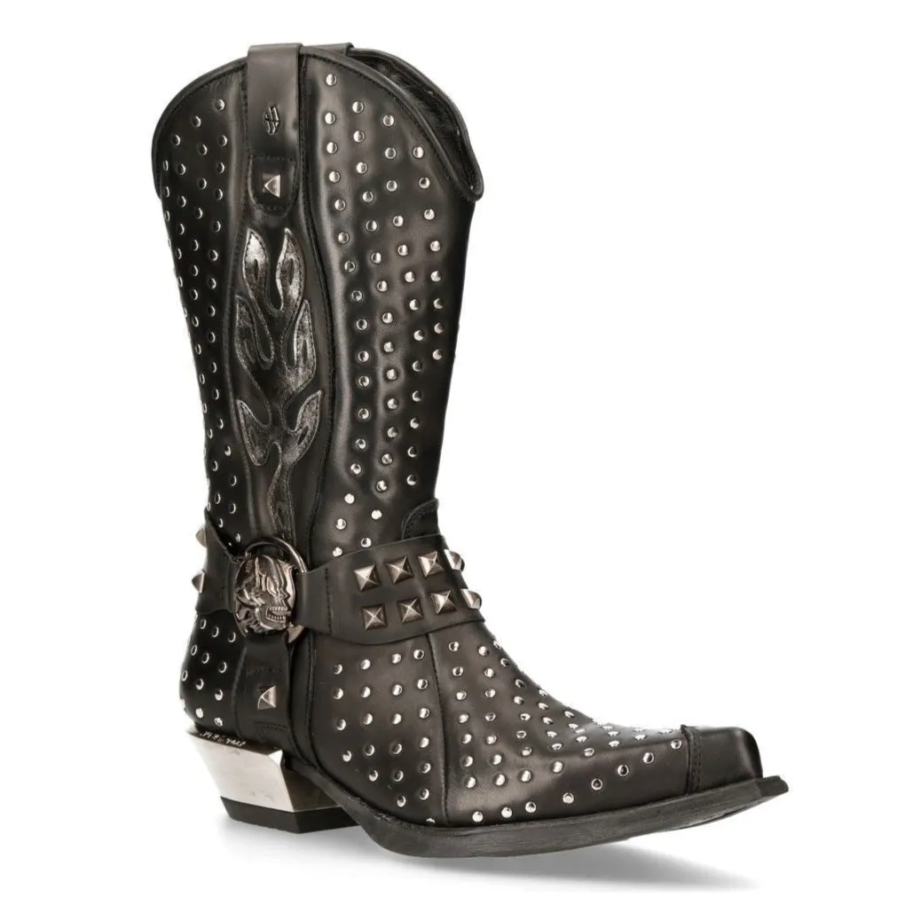 Ventilation Perforations New Rock Black Leather Studded Cowboy Boots- M-7928-S1
