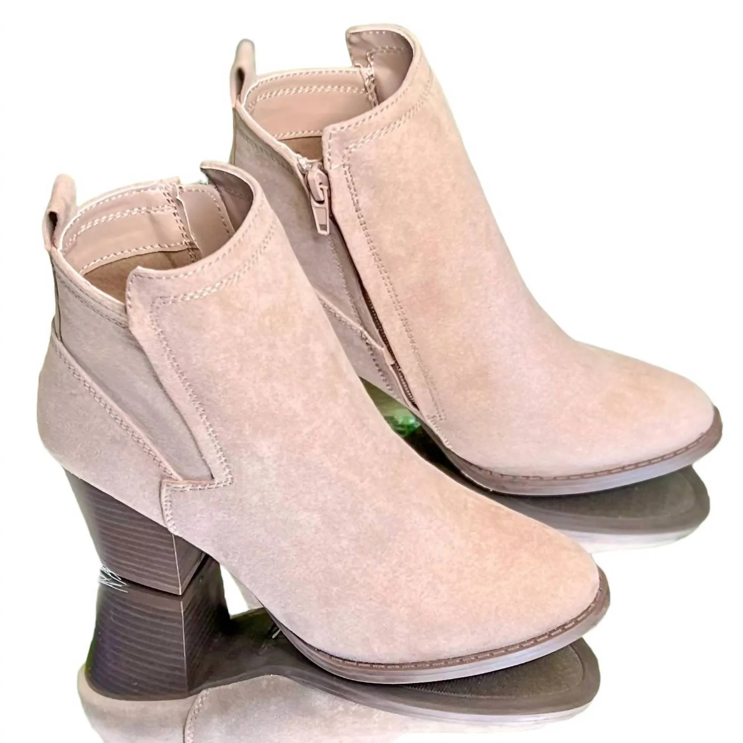 Suede Stacked Chunky Heel Booties In Taupe Mid Length Padded Interior Weekend Camping