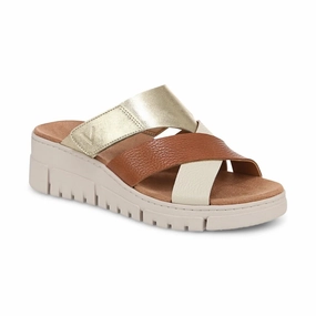 All Weather Fit party mode Vionic Women's Uptown Sunset Leather Slide Wedge Sandal in Tan
