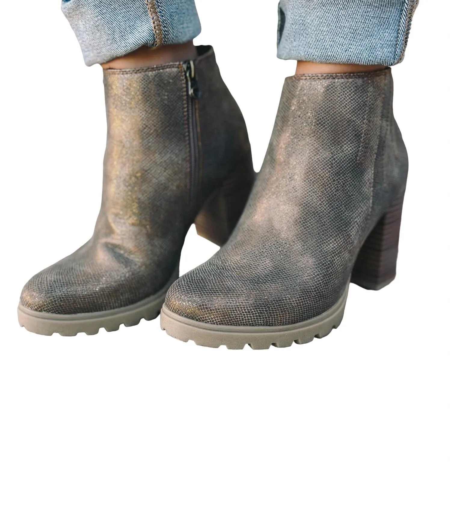 Walker Bootie In Bronze Roller Reptile Thermal Core All Day Wear Stable Ankle