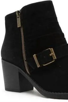 Faux Suede Bootie With Buckle In Black Comfortable Insole Canvas Material