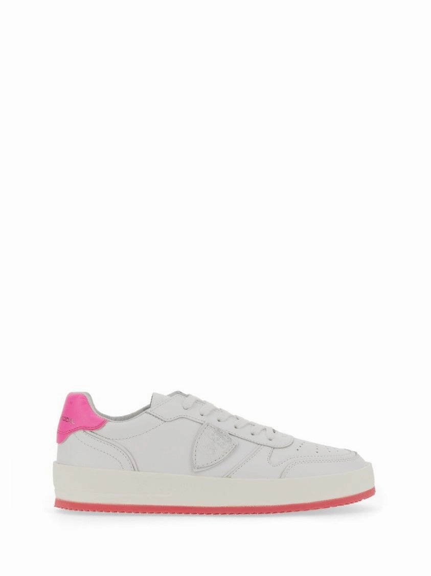 Cushioned Arch Support White Sneakers With Contrasting Pink Accents