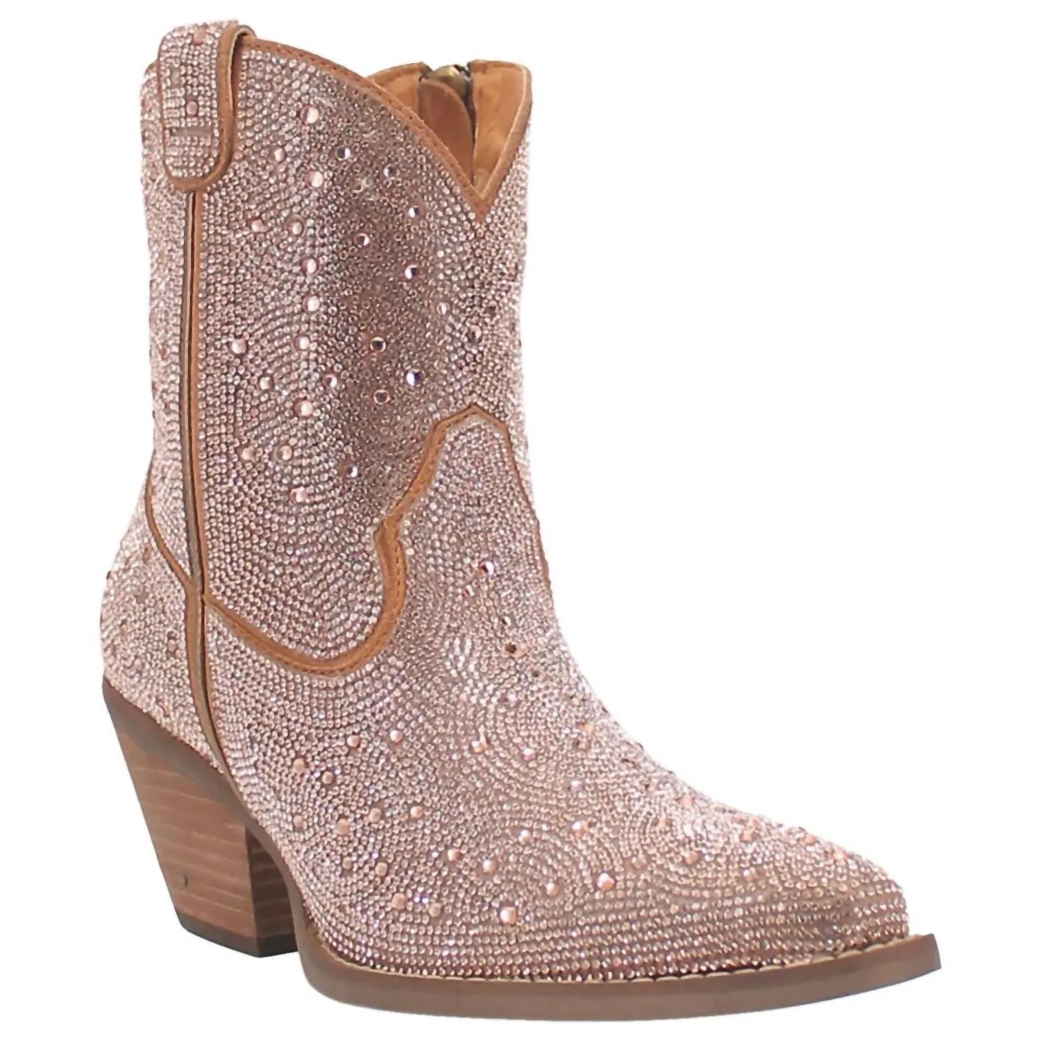 Women's Rhinestone Cowgirl Short Boot In Rose Gold Premium Cushion Clean Cut