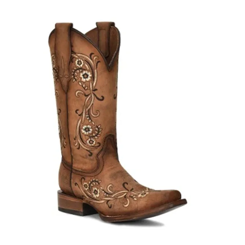 Hard Ground Grippy Outsole Mountain Climber Women's L2063 Floral Embroidery Square Toe Cowboy Boots Sandalwood