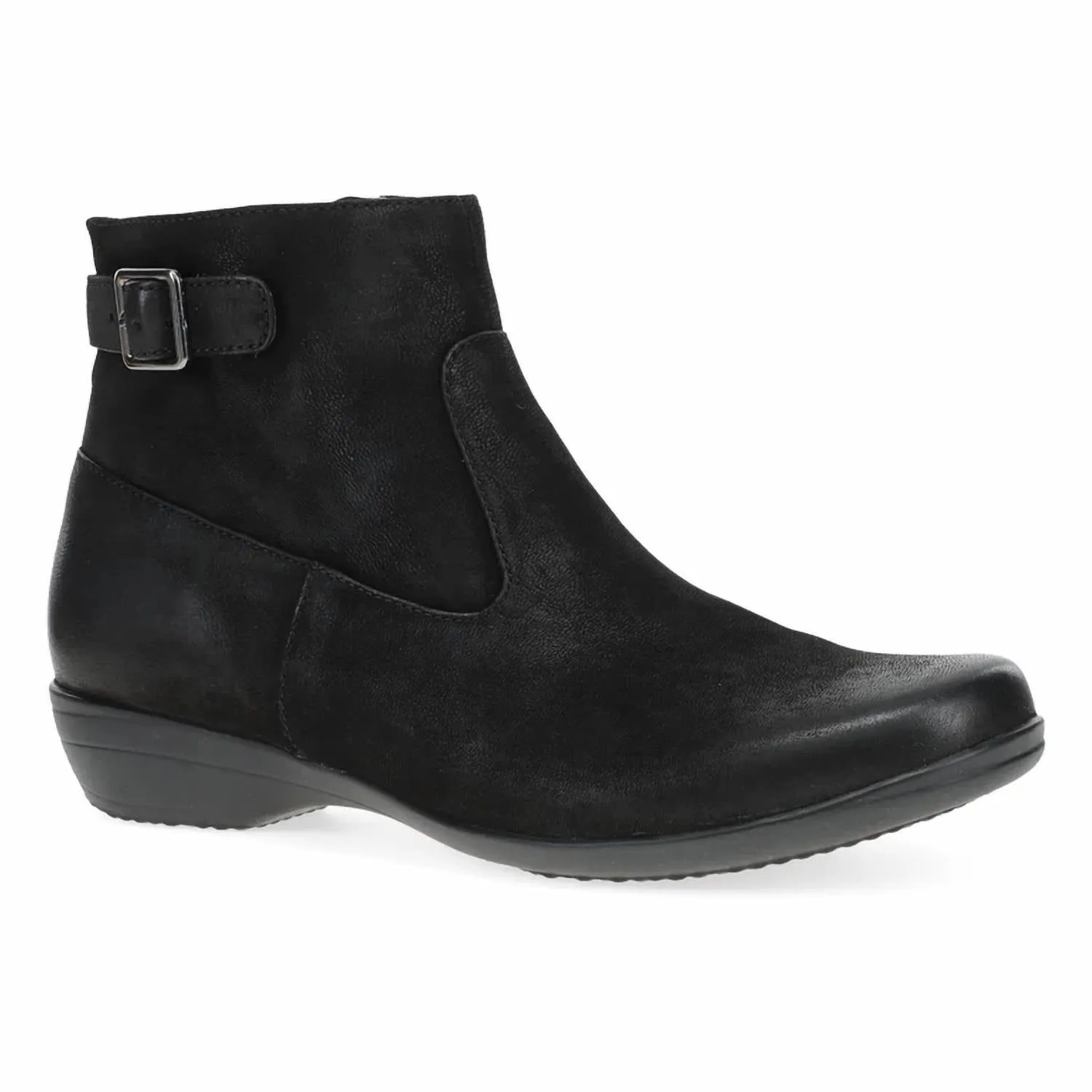 Women Finnley Bootie In Black Burnished Nubuck Low Profile Rough Terrain Traction Lug Pattern