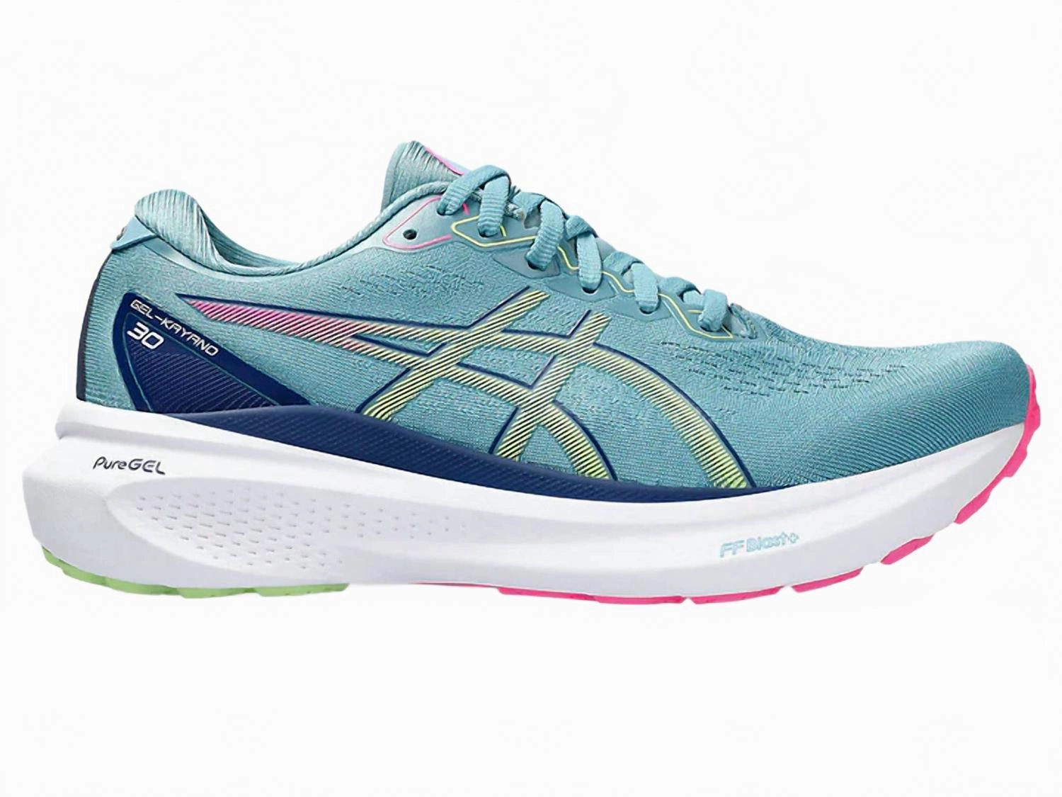 running in a zip line area shoes Plush Collar Women Kayano 30 Shoes In Gris Blue / Lime Green